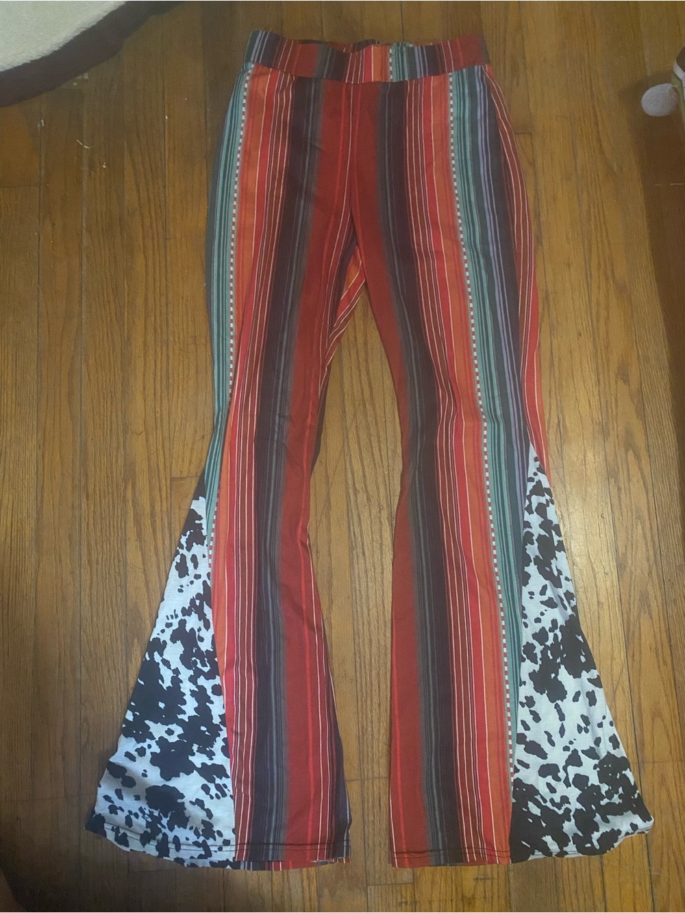 Striped Boot Cut Flare Pants in Red with Accent Print